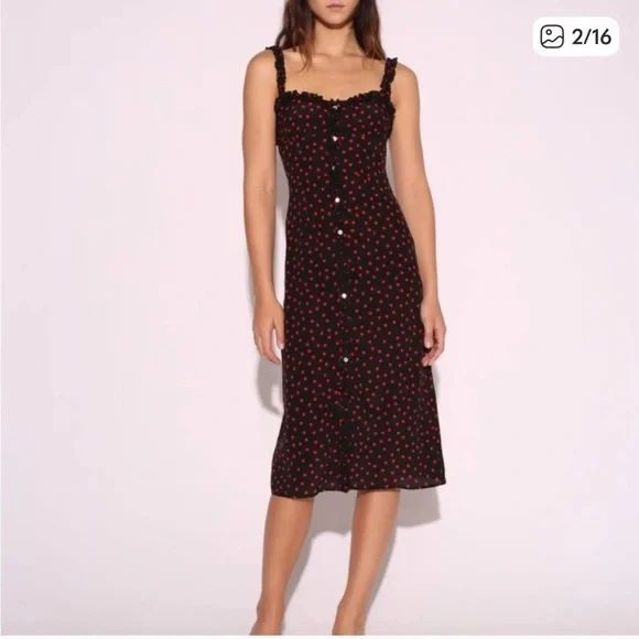 Realisation Par The Juliet - Italia Spot Black Midi Dress Red Polka Dots Medium - Picture 1 of 8